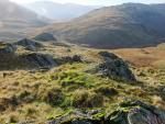 Looking back down the ridge. Pianet Knott just a pimple now. Hard Knott the mass of high ground in the distance. 