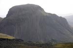 The ascent route goes up the slanting ridge on the left of  the mountain.